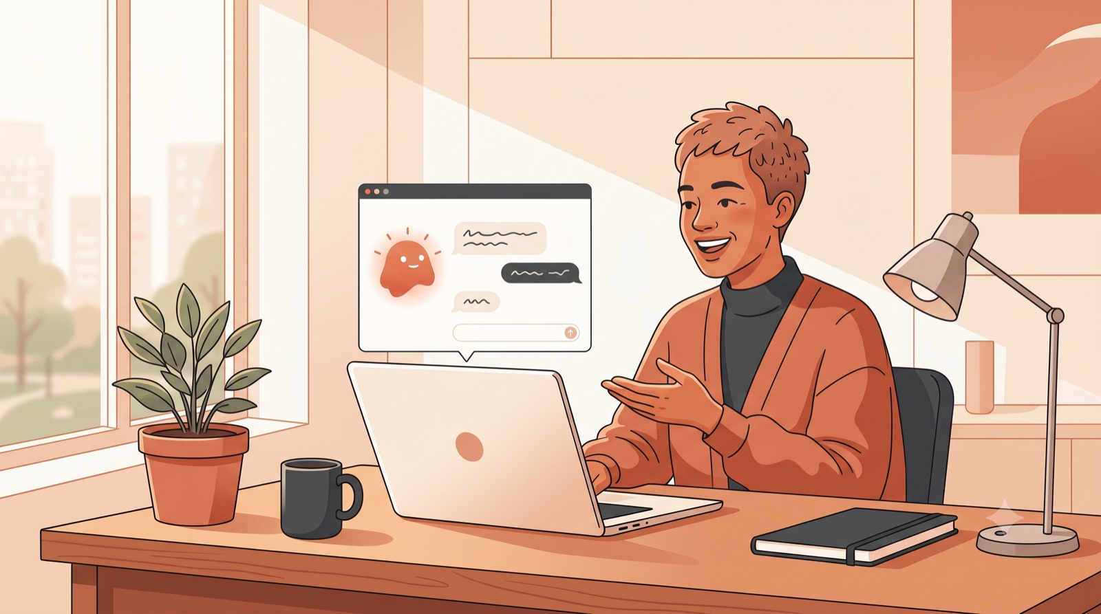 A person chatting with the Sonnet 5 AI assistant in a browser popup